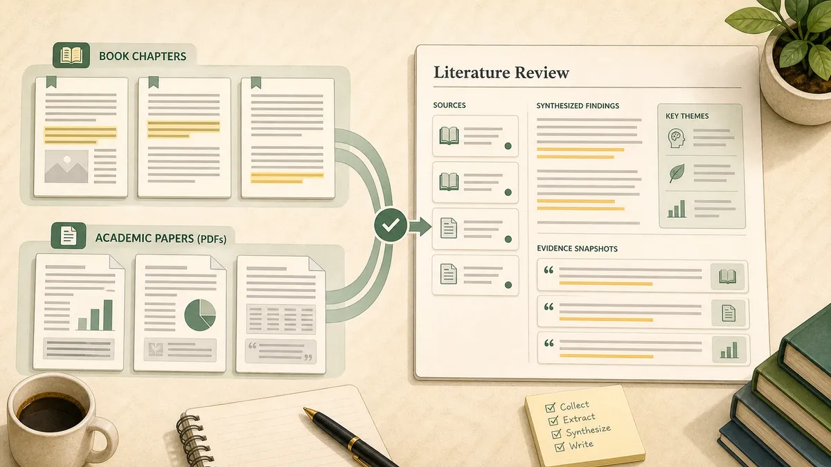 Multi-source literature review synthesis in Claude with Kindle textbook chapters extracted by TextMuncher alongside journal-article PDFs.