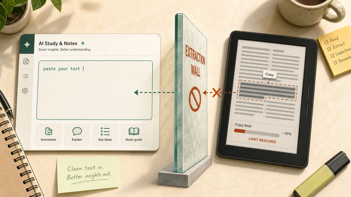 AI study-guide tools ask for pasted text while Kindle blocks copy-paste at the 10 percent limit.