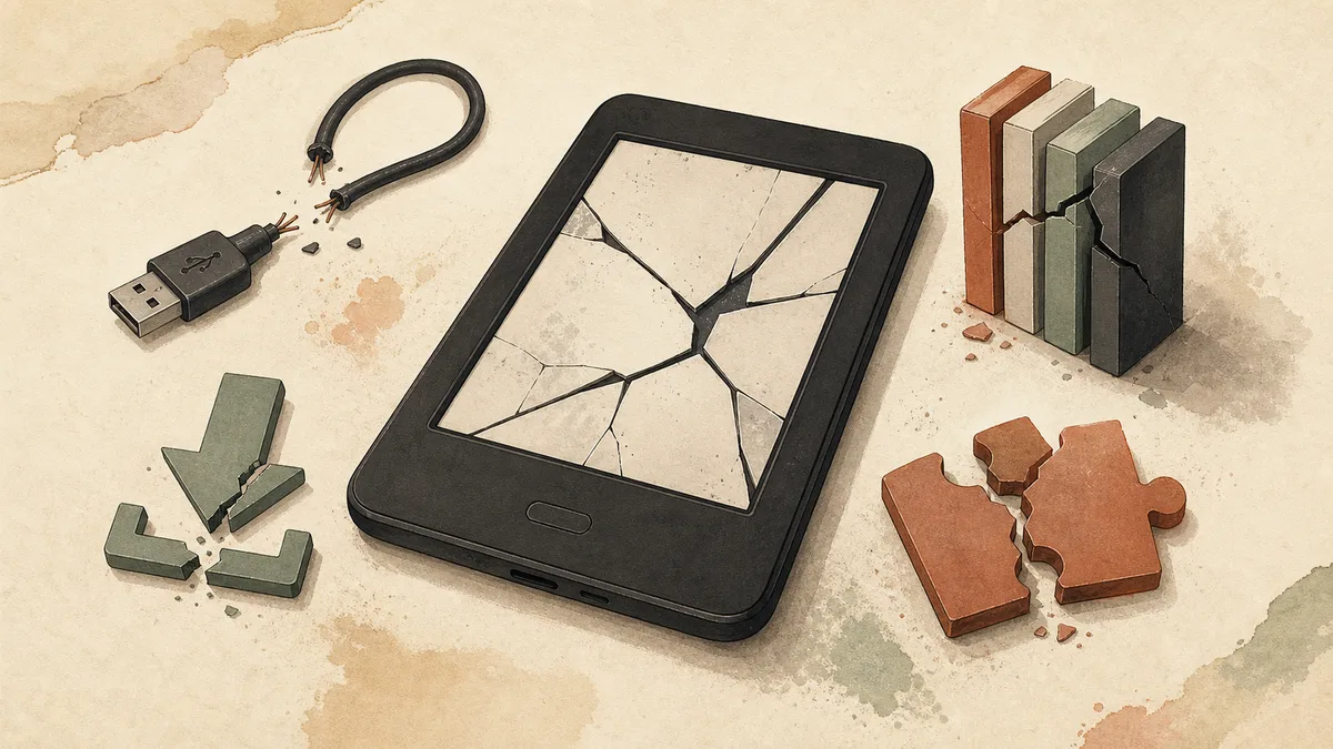 Broken e-reader representing Kindle extraction methods that stopped working in 2025.