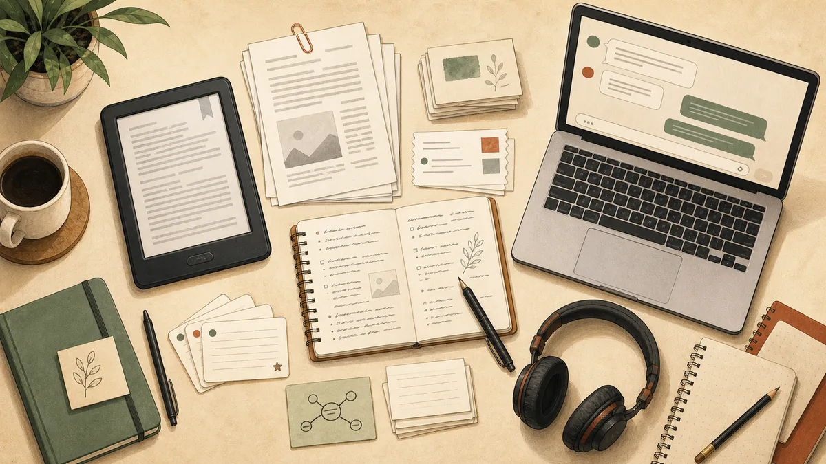 AI study toolkit showing Kindle book text turned into notes, flashcards, source cards, and review questions.
