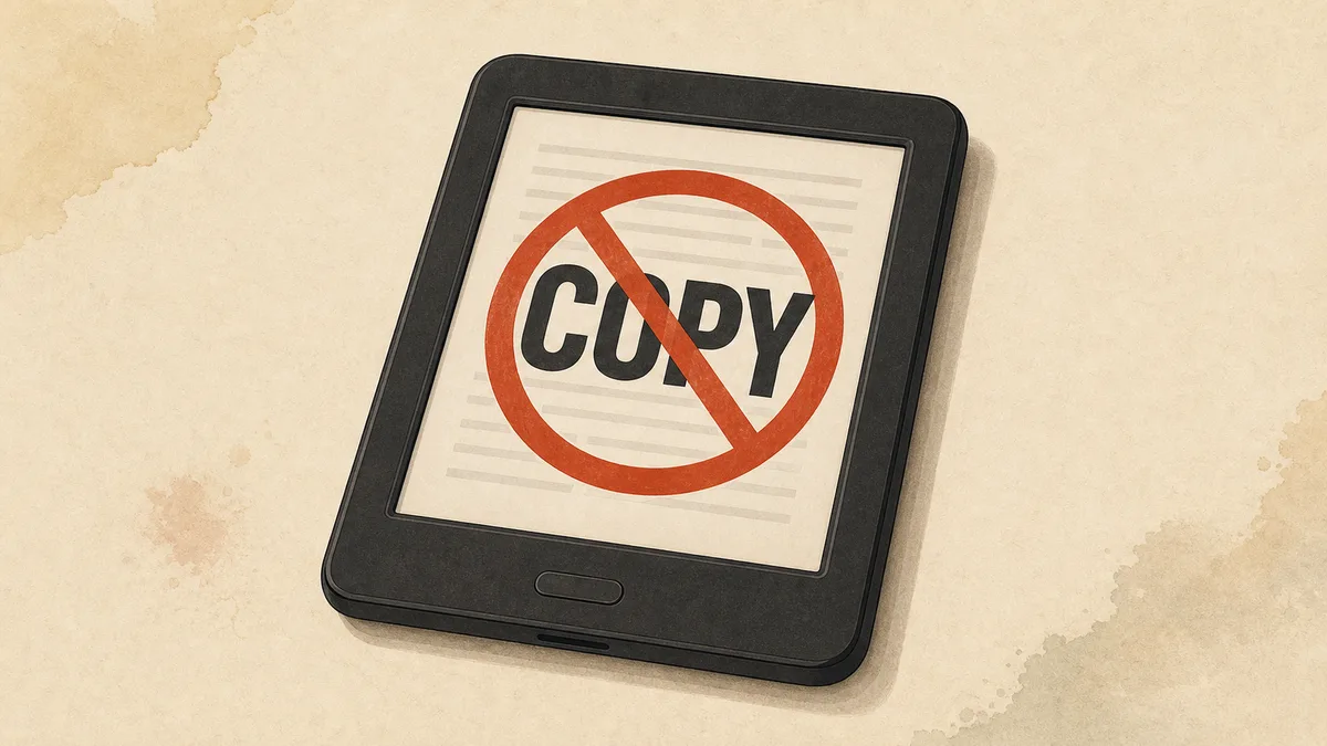 Copy blocked symbol on an e-reader representing Kindle copy restrictions.