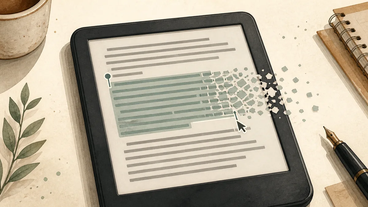 Selected Kindle text breaking into fragments on an e-reader screen.
