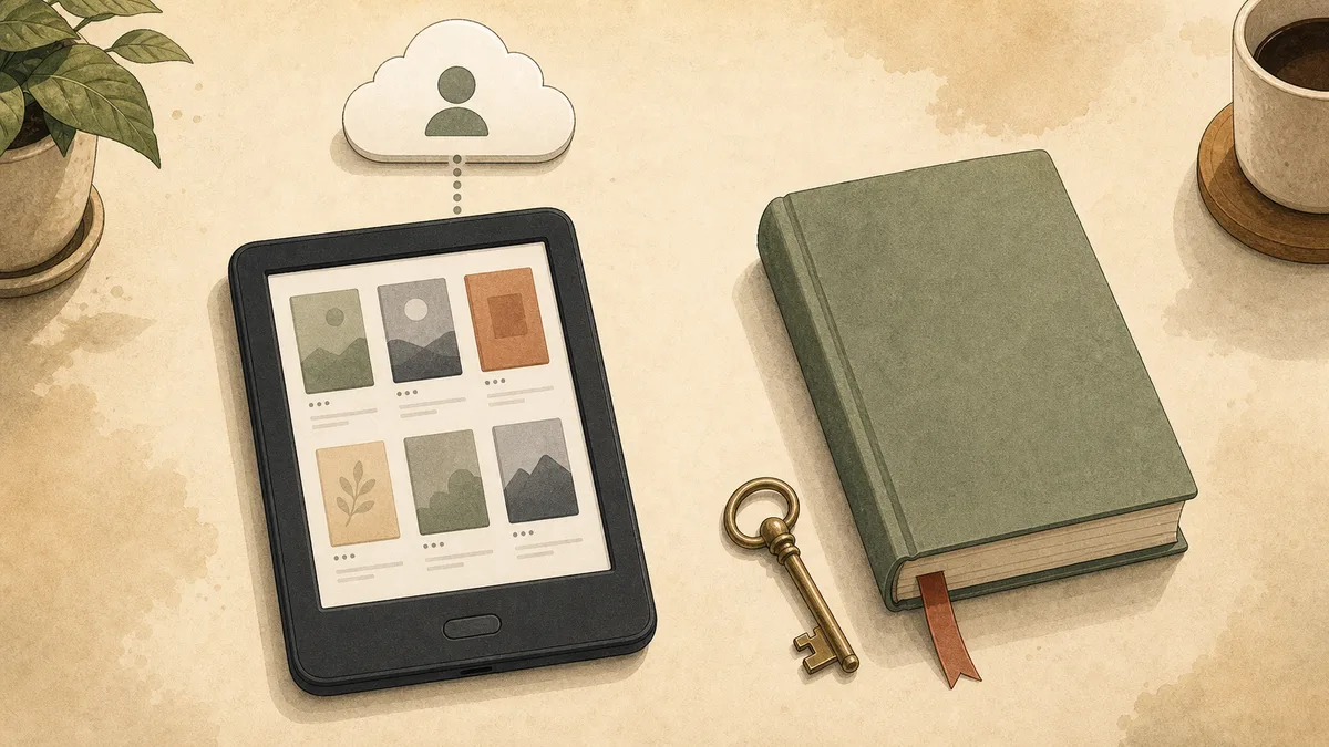 E-reader library tethered to an account icon beside a physical book and key.