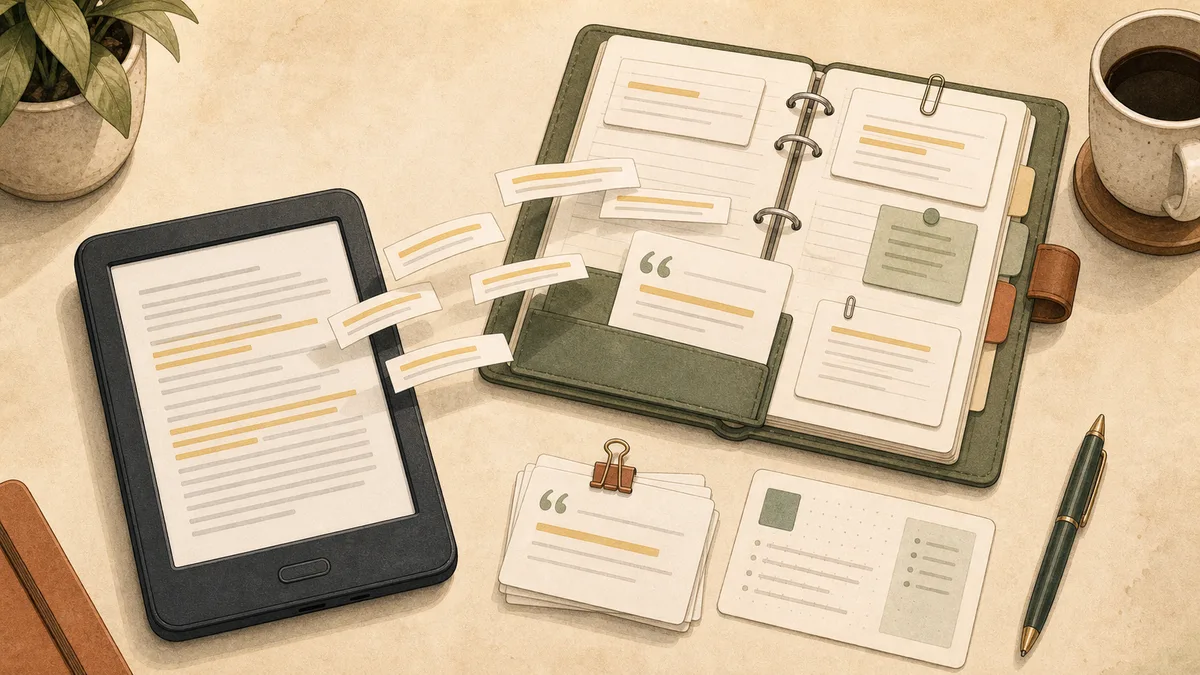 Highlighted Kindle passages moving into a personal knowledge binder.