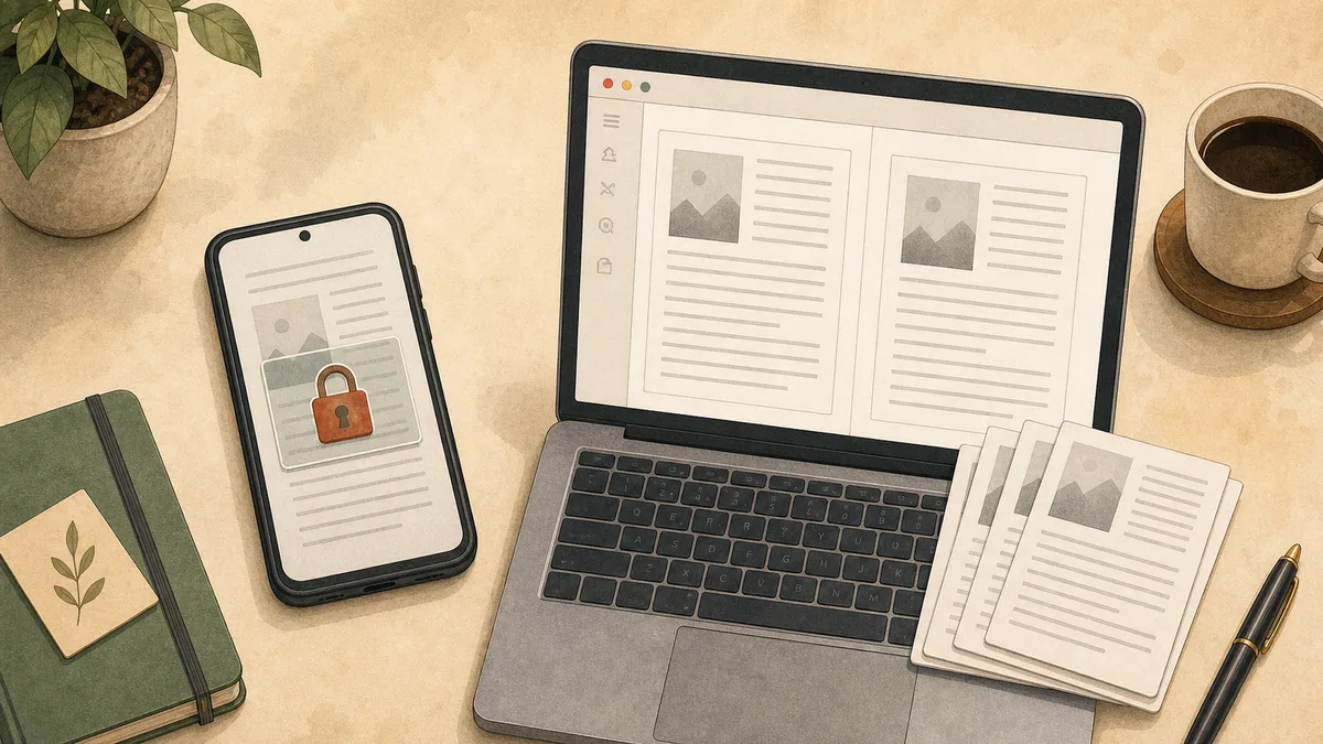 Phone ebook copy blocked beside a desktop browser extraction setup.