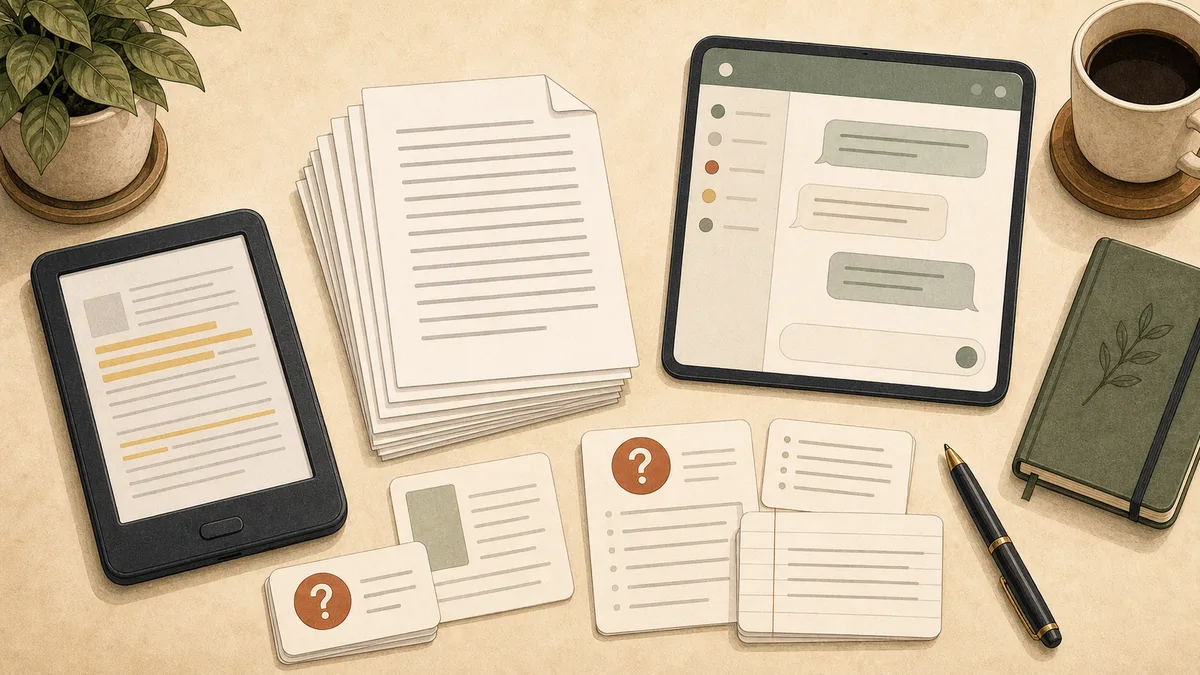 Kindle book text turned into AI study prompts and question cards.