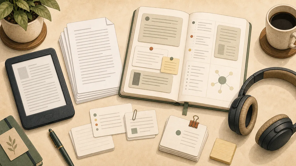 Extracted Kindle source cards arranged in a notebook with headphones for audio study.
