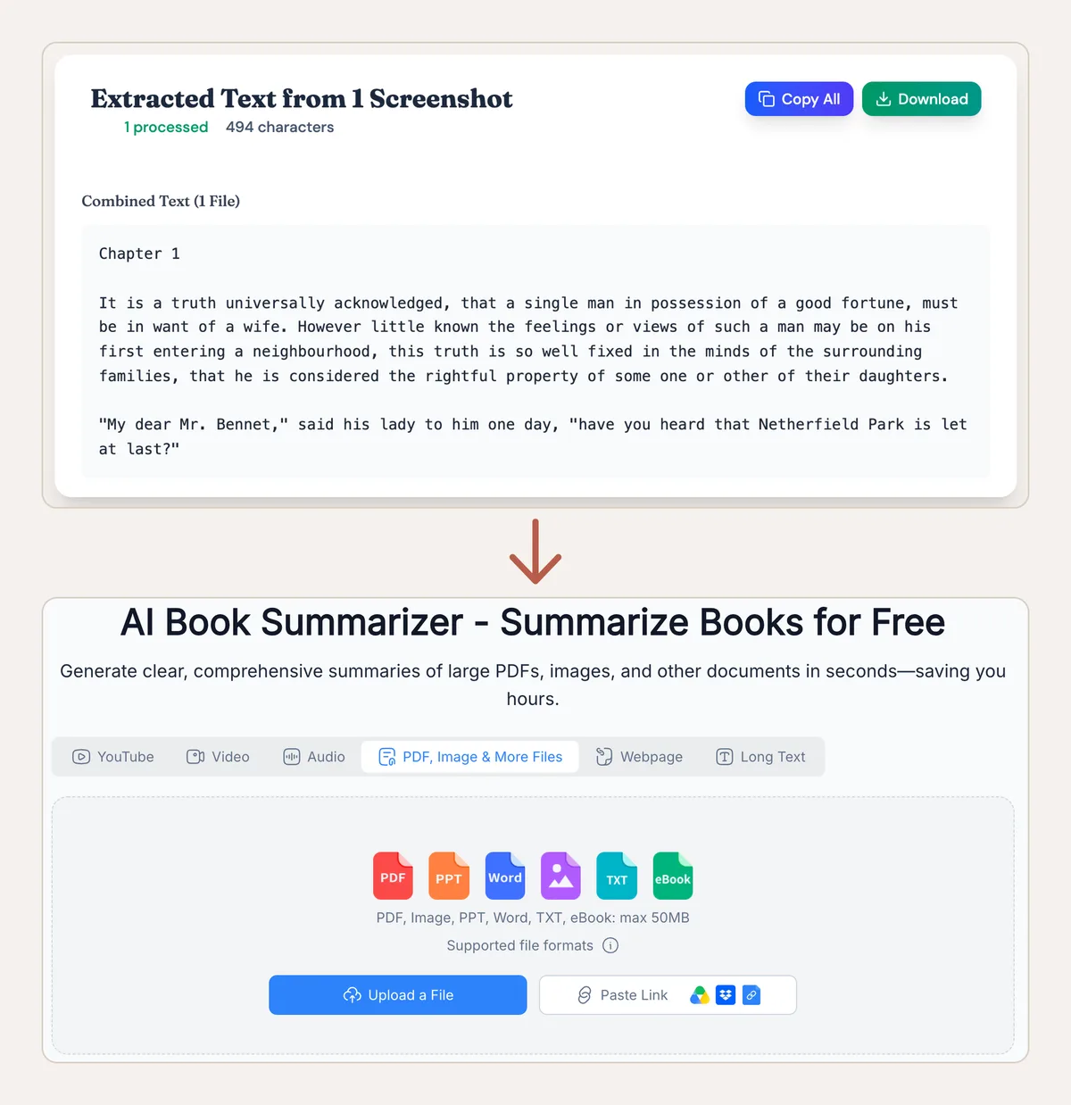 TextMuncher result card showing Pride and Prejudice Chapter 1 text, above NoteGPT's AI Book Summarizer upload box