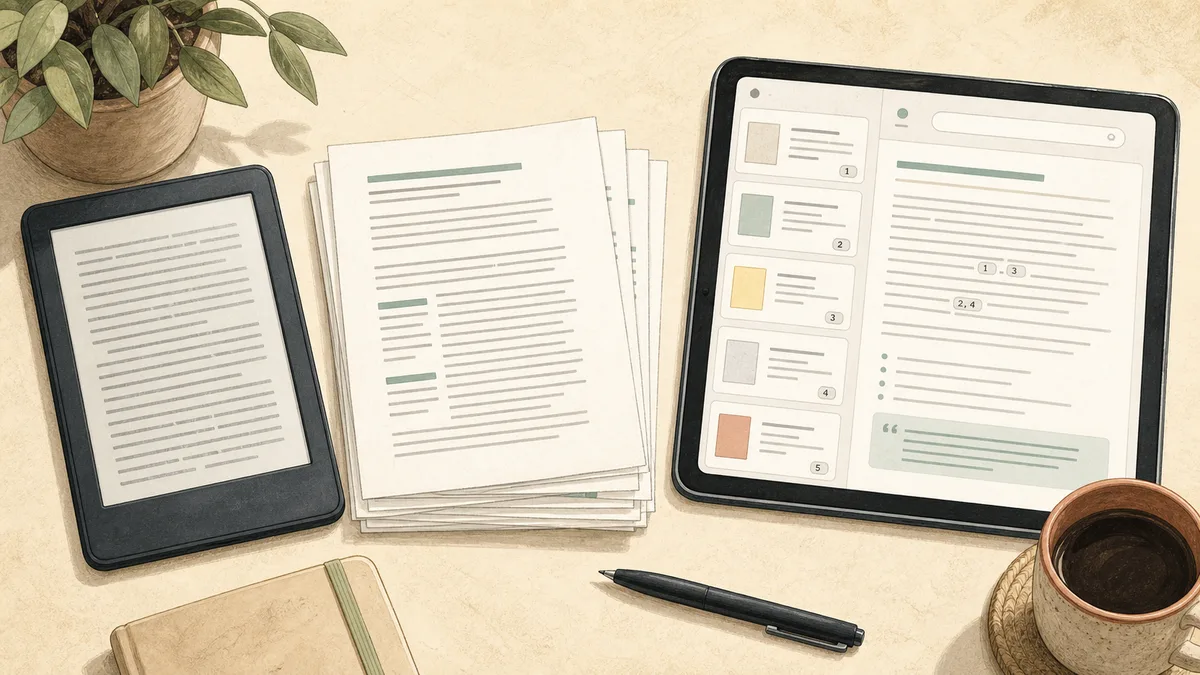 Extracted Kindle book text becoming a Perplexity-style research workspace with source cards and cited answers.