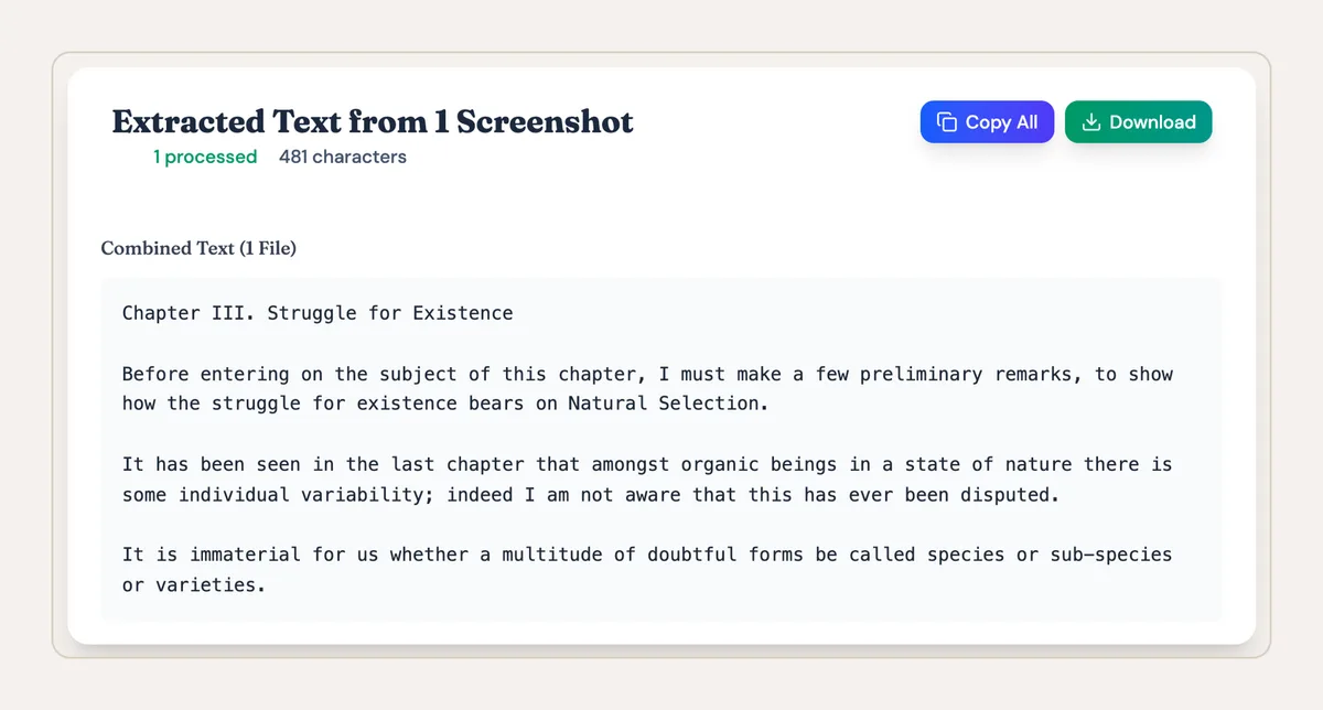 Result card "Extracted Text from 1 Screenshot" with Copy All and Download buttons, showing Darwin's Chapter III text