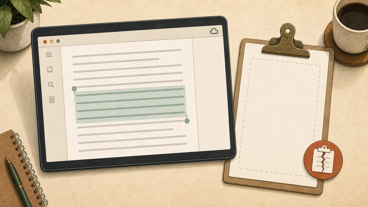 Kindle Cloud Reader text selected in a browser beside an empty clipboard.
