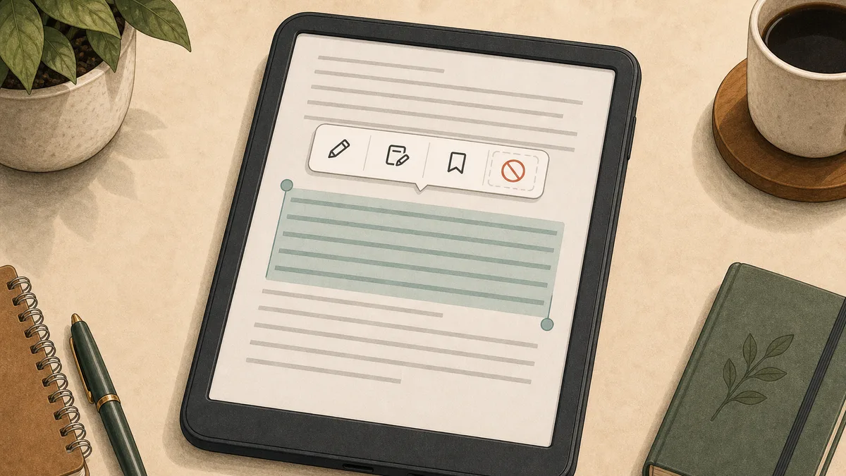 E-reader text selection with a missing disabled copy action in the menu.