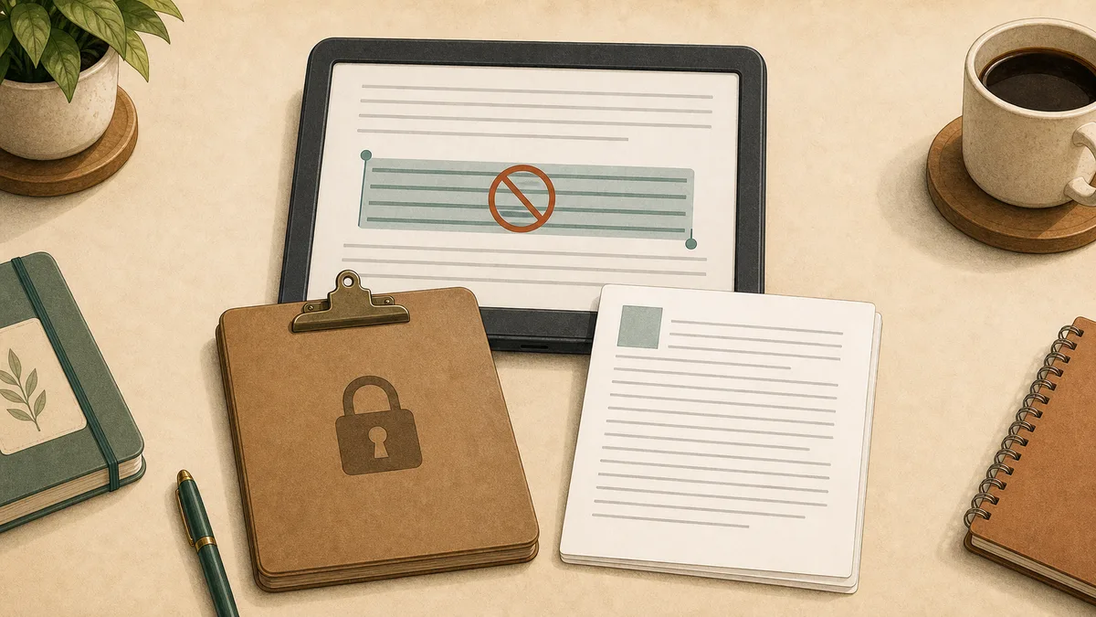 Locked clipboard beside clean extracted text after Kindle copy limit is reached.