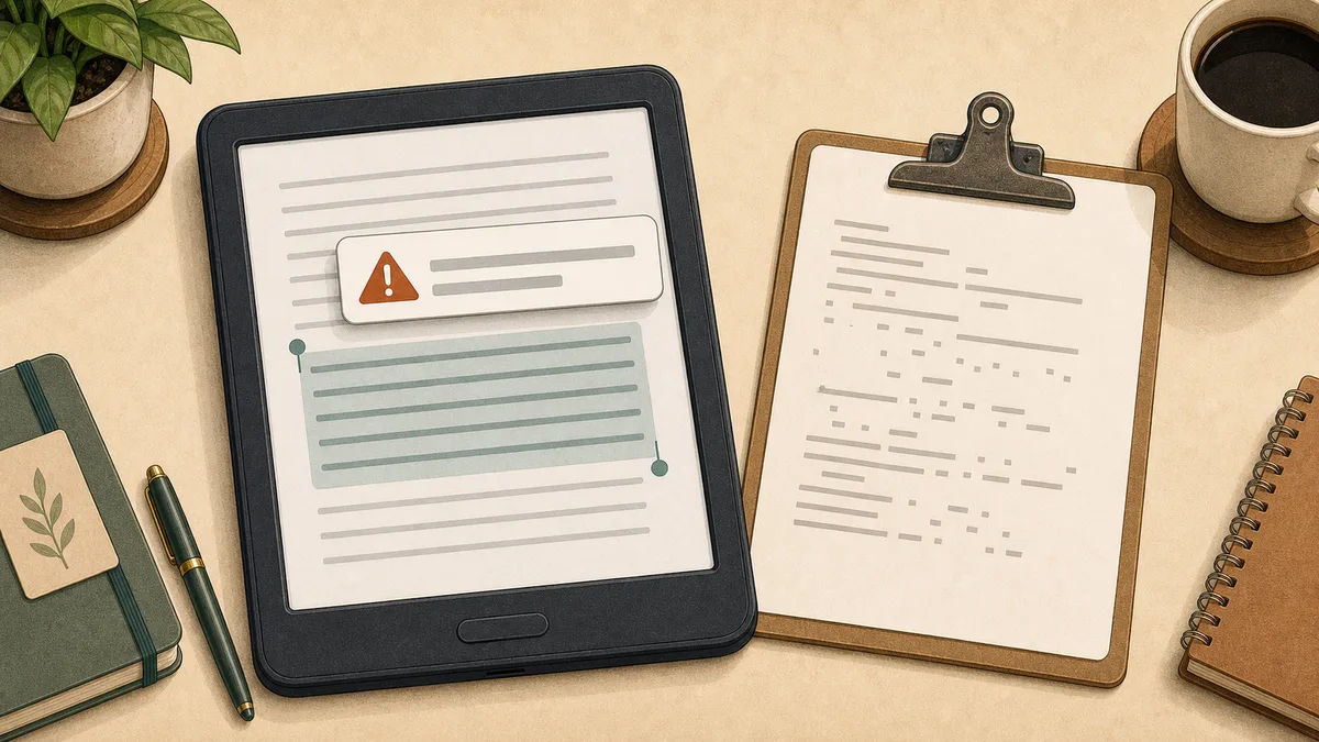 Kindle copy paste warning shown beside a broken paste document.