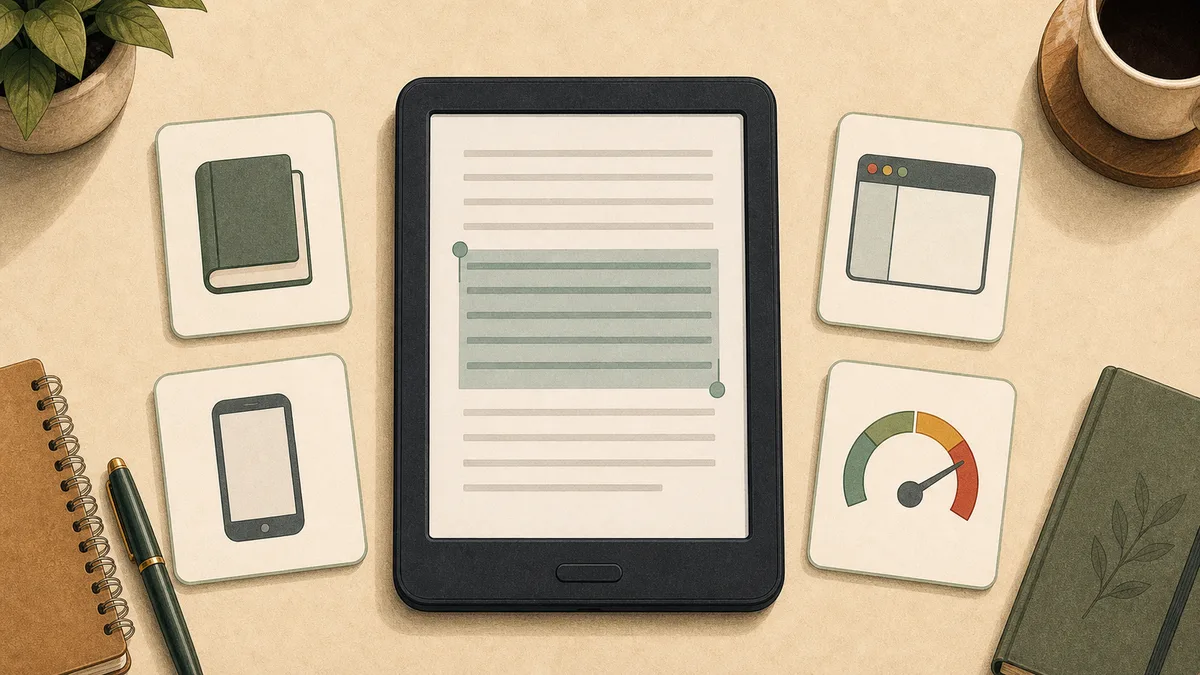 E-reader surrounded by diagnostic cards for Kindle copy text not working.