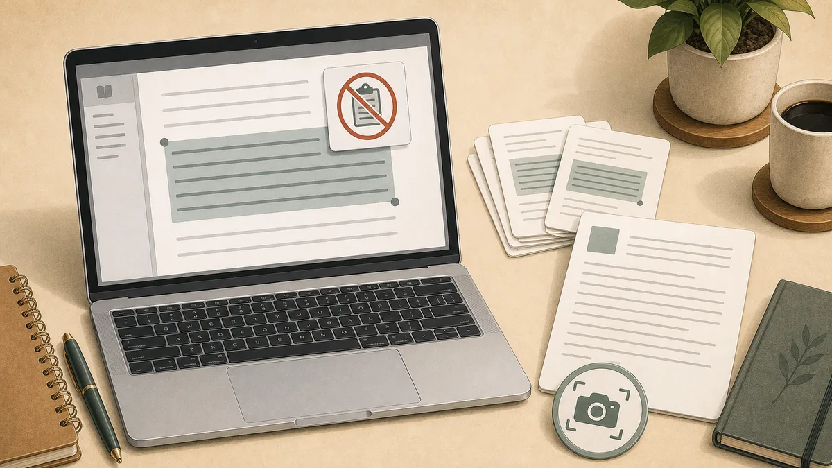 Mac-style laptop with blocked ebook text beside screenshot cards and clean extracted text.