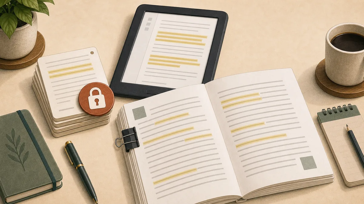 Capped Kindle highlight cards beside a full-text extraction document.
