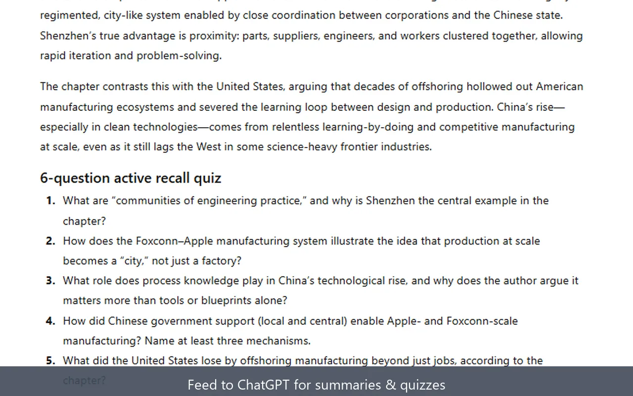 ChatGPT turning TextMuncher-extracted Kindle text into chapter summaries and quiz questions.
