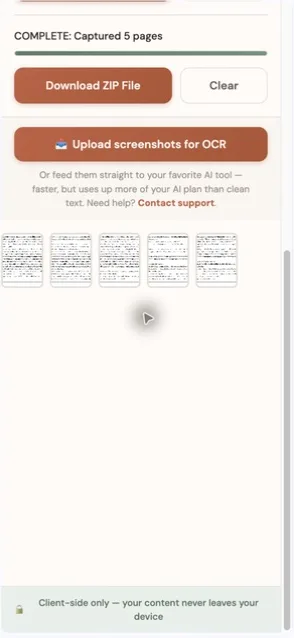 TextMuncher popup after a completed capture run, showing 5 captured pages and a Download ZIP button.
