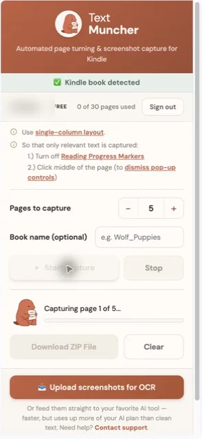 TextMuncher extension popup capturing Kindle Cloud Reader pages automatically, showing progress on page 1 of 5.