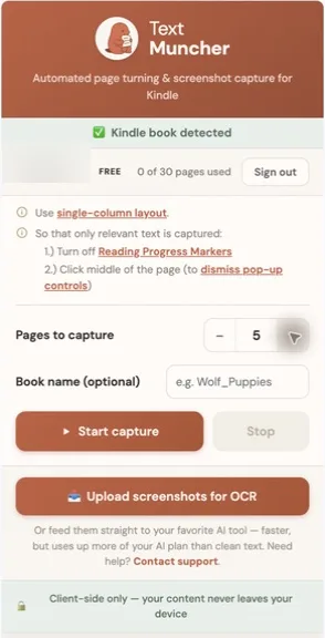 TextMuncher Chrome extension popup after detecting a Kindle book in Kindle Cloud Reader, showing the Start capture button.