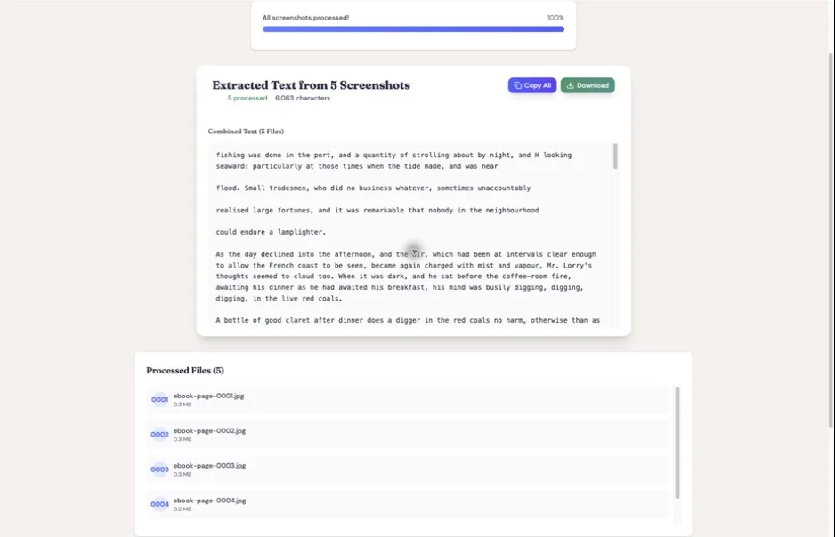 TextMuncher web app showing clean text extracted from five Kindle page screenshots, ready to copy or download.