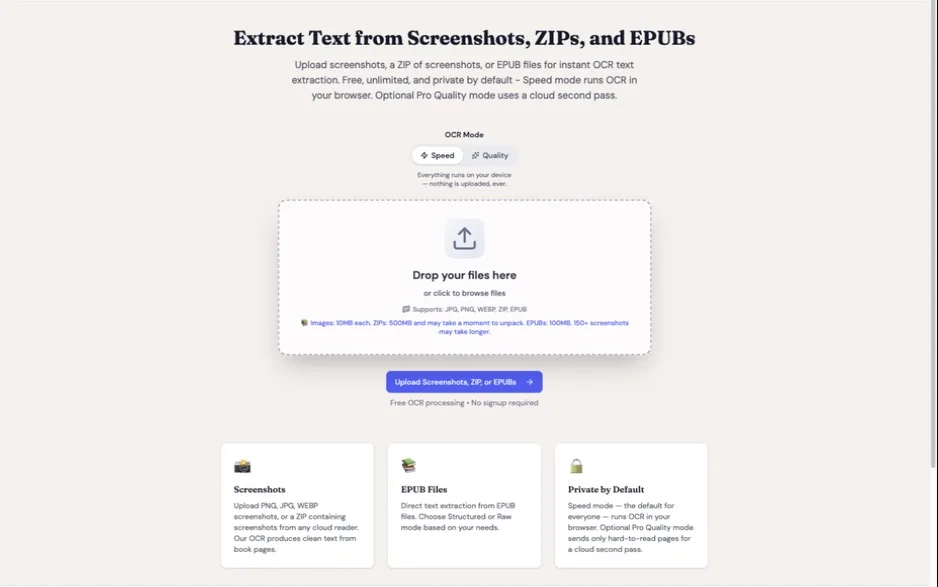 TextMuncher web app upload page with Speed and Quality processing options for turning screenshots into text.