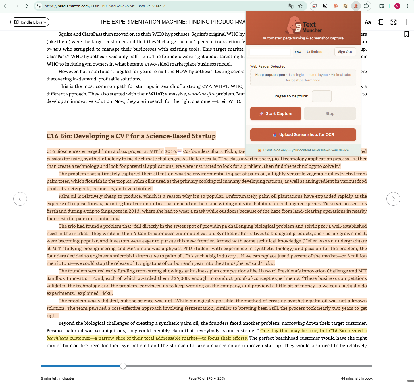 TextMuncher extension running on Kindle Cloud Reader