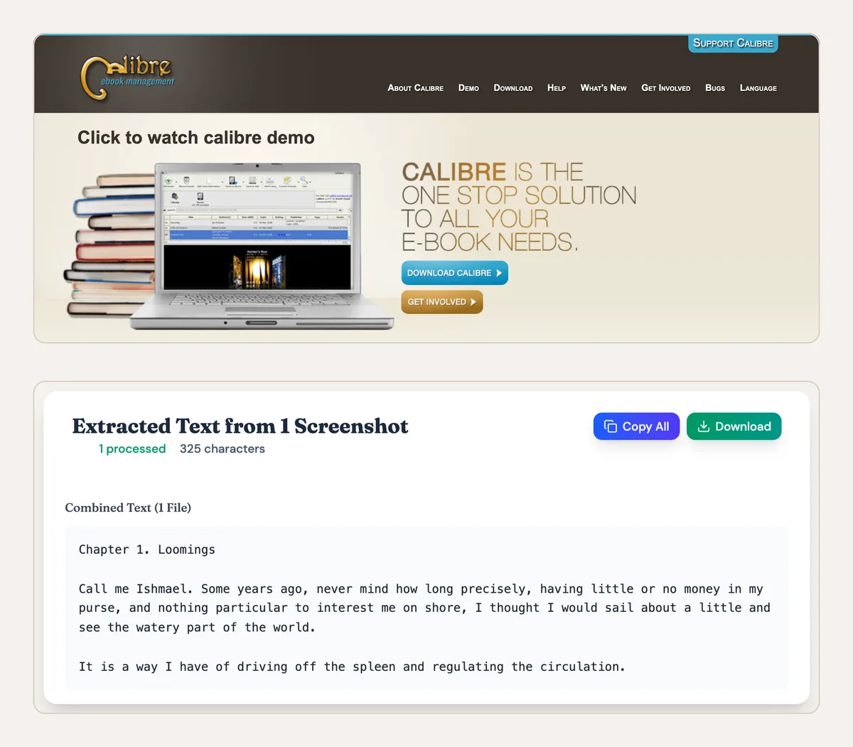 Calibre homepage above a TextMuncher result card showing Extracted Text from 1 Screenshot with Moby-Dick text