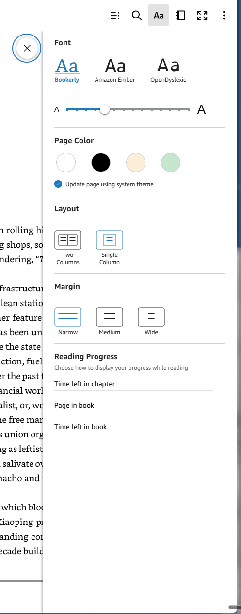 Kindle Cloud Reader display menu with the Layout section set to Single Column