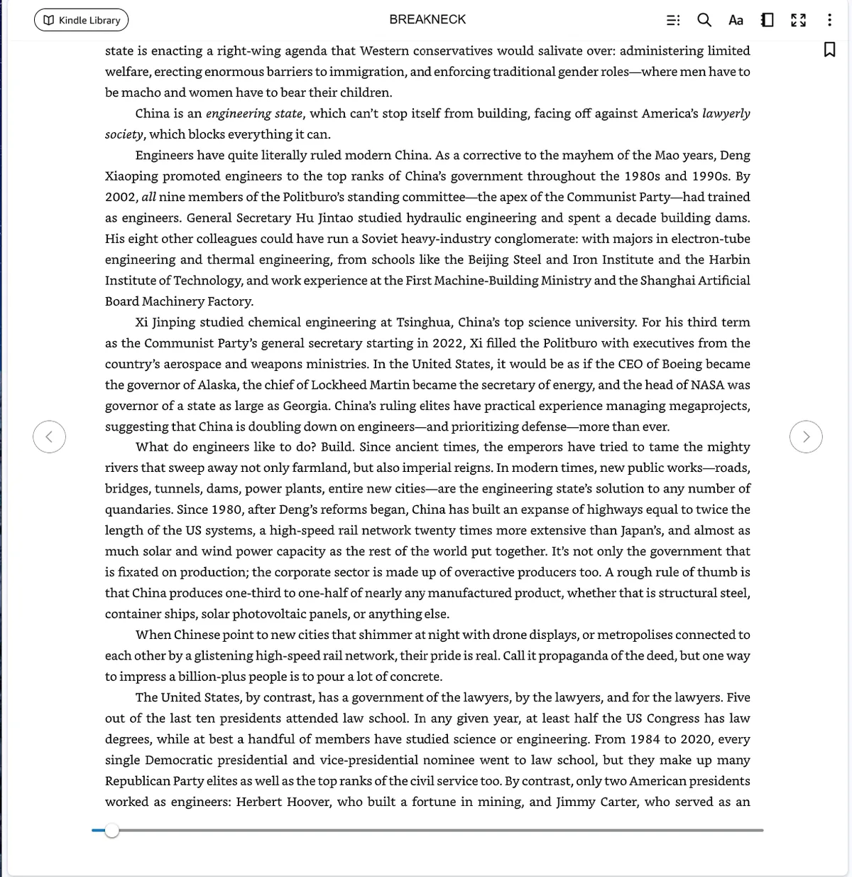 Kindle Cloud Reader with the pop-up toolbar and page arrows visible