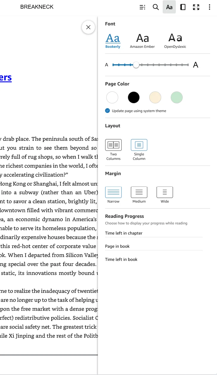 Kindle Reading Progress options all switched off