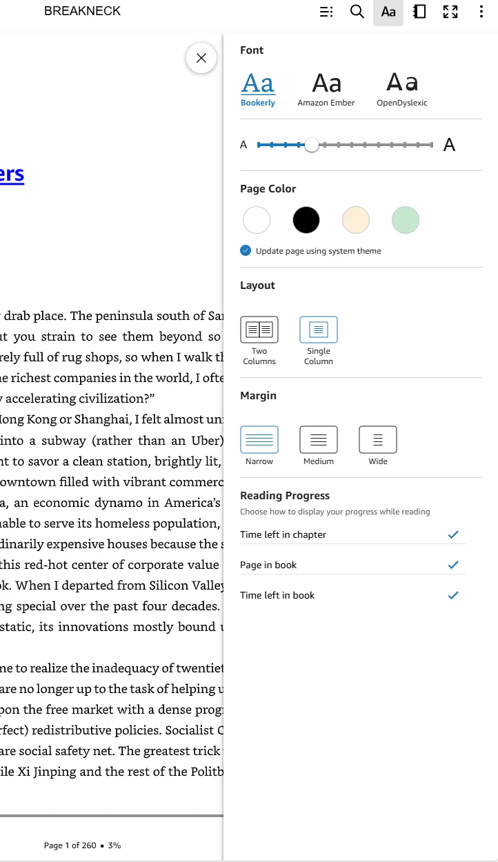 Kindle Reading Progress options all switched on